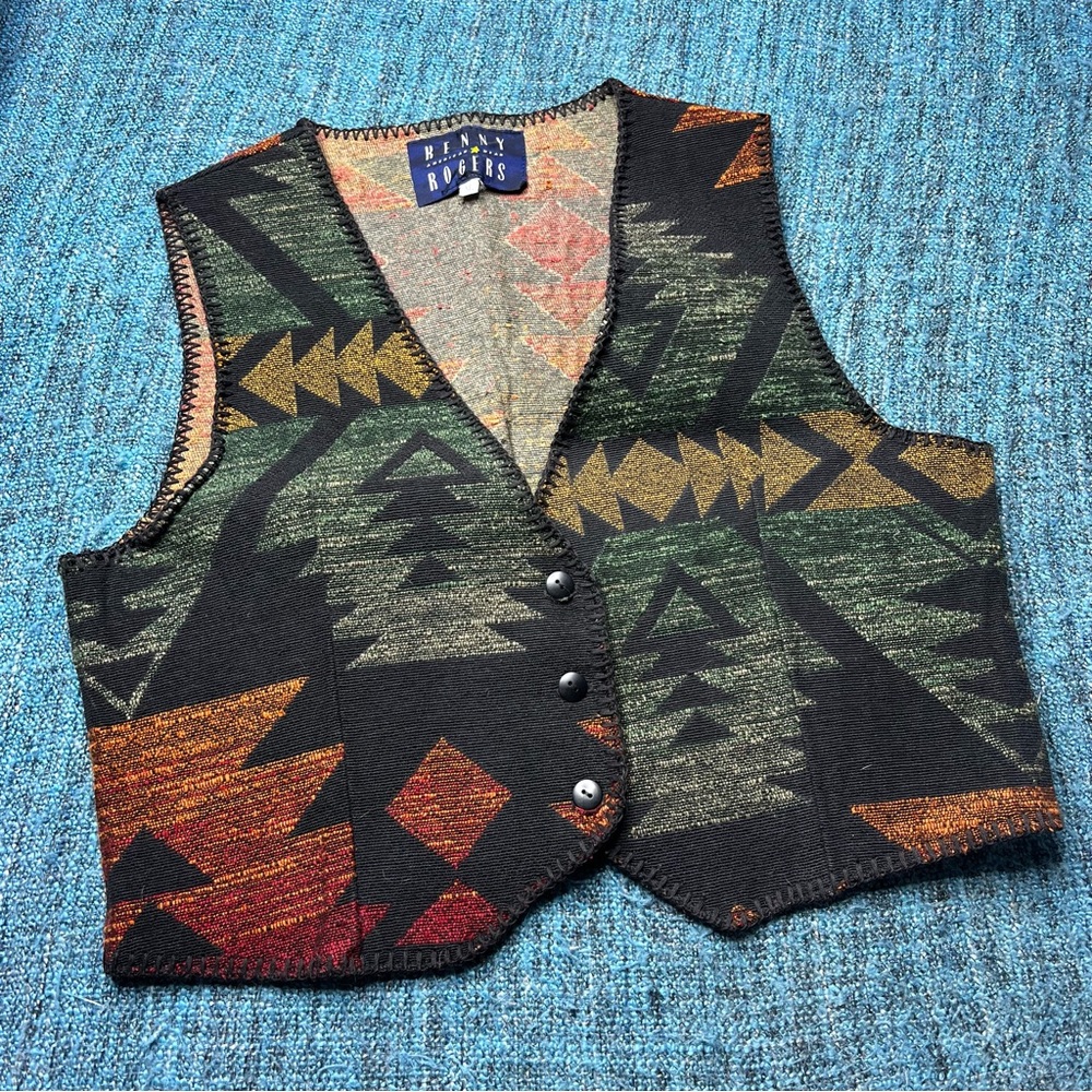 Vintage Kenny Rogers Western Aztec Vest 3 Button Green Orange Red